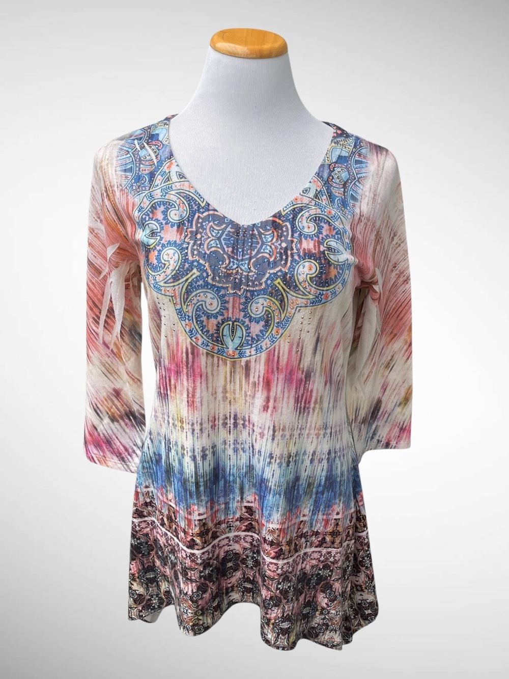 World Unity Eastern Print Tunic Studded V-Neck 3/4-Sleeves